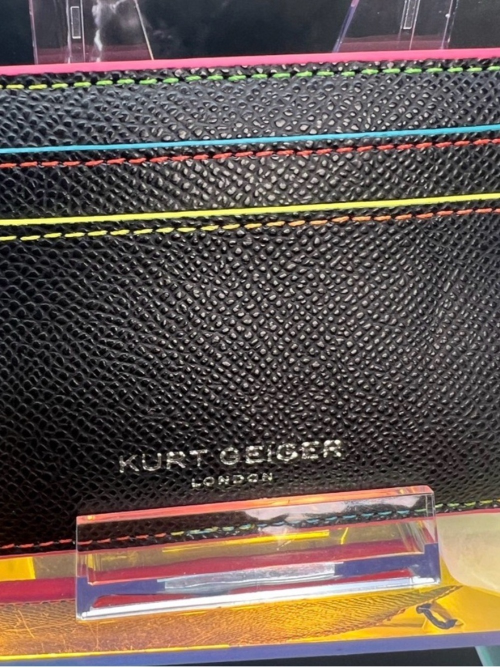 Kurt Geiger Black Card Holder with Neon Multicolor Stitching
